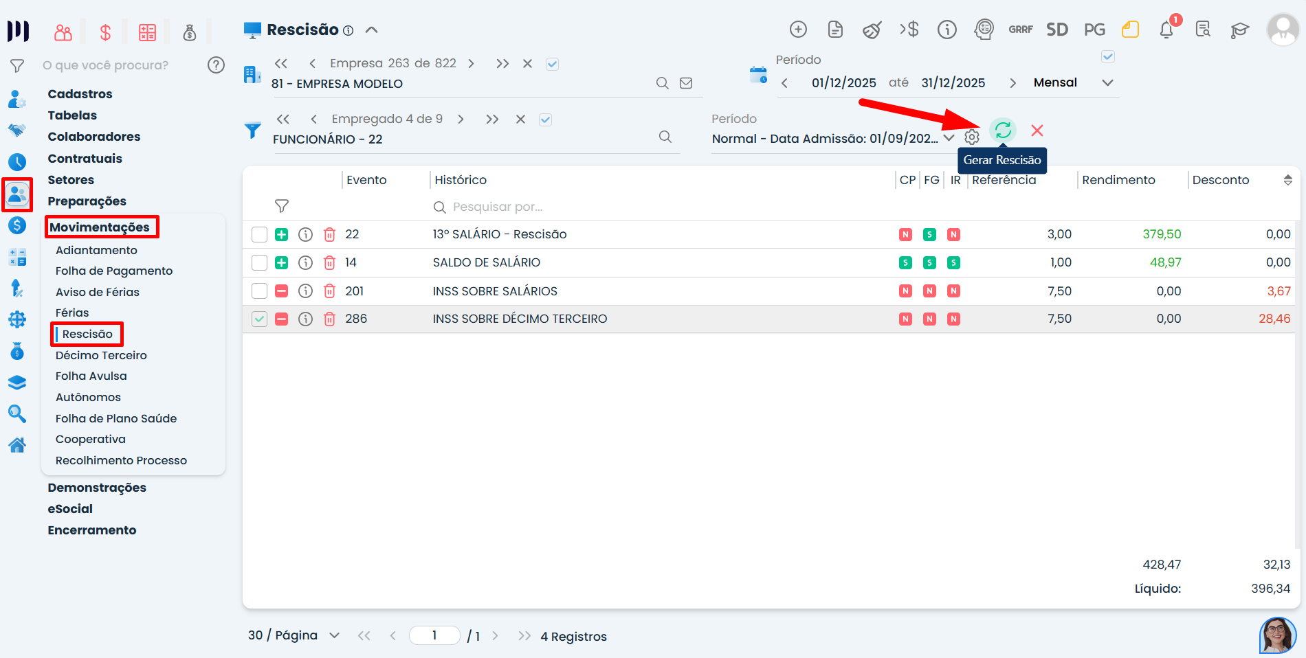 Tela do Sistema Contábil Makro com menu de rescisão destacado e opção gerar rescisão para iniciar Geração de rescisão de funcionário