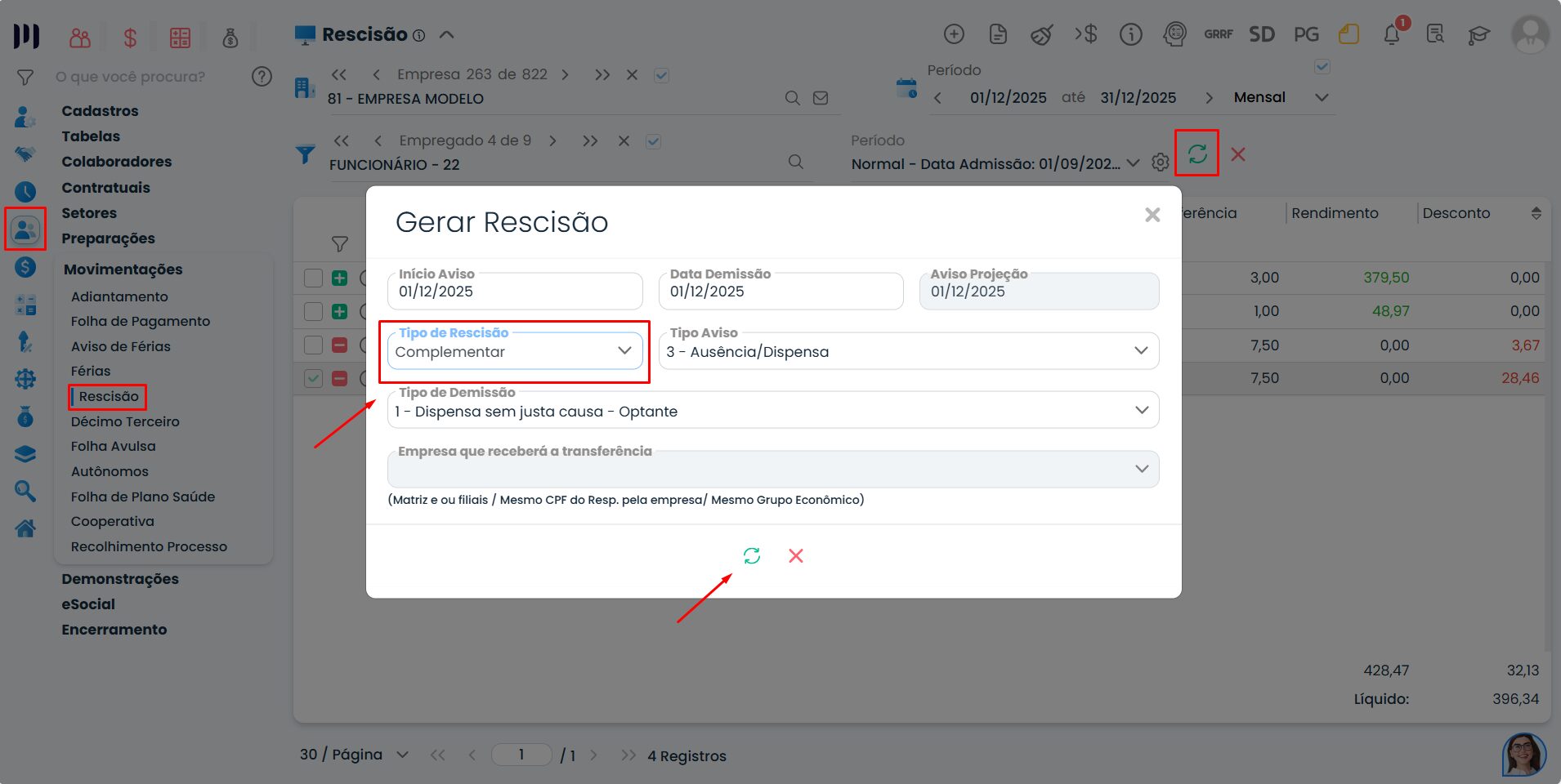 Janela do Sistema Contábil Makro mostrando seleção de rescisão complementar durante Geração de rescisão com campos de tipo e desligamento
