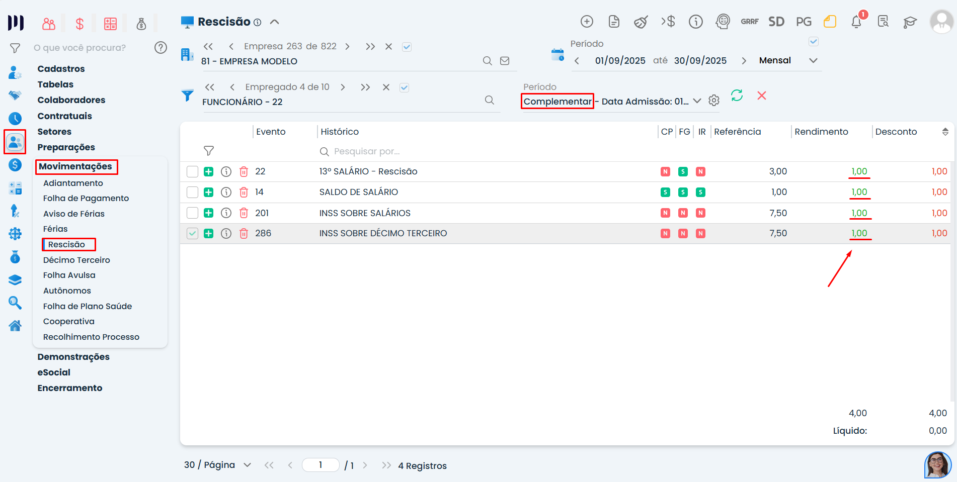 Tela do Sistema Contábil Makro com eventos de rescisão complementar exibindo valores simbólicos para ajuste na Geração de rescisão