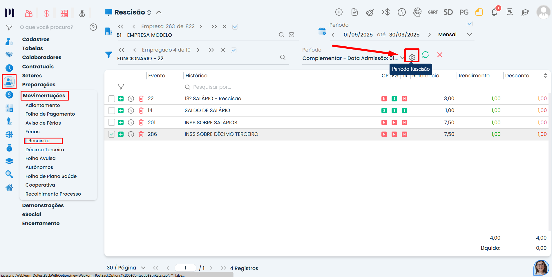 Interface do Sistema Contábil Makro destacando edição do período de pagamento na Geração de rescisão complementar com opção de ajuste manual
