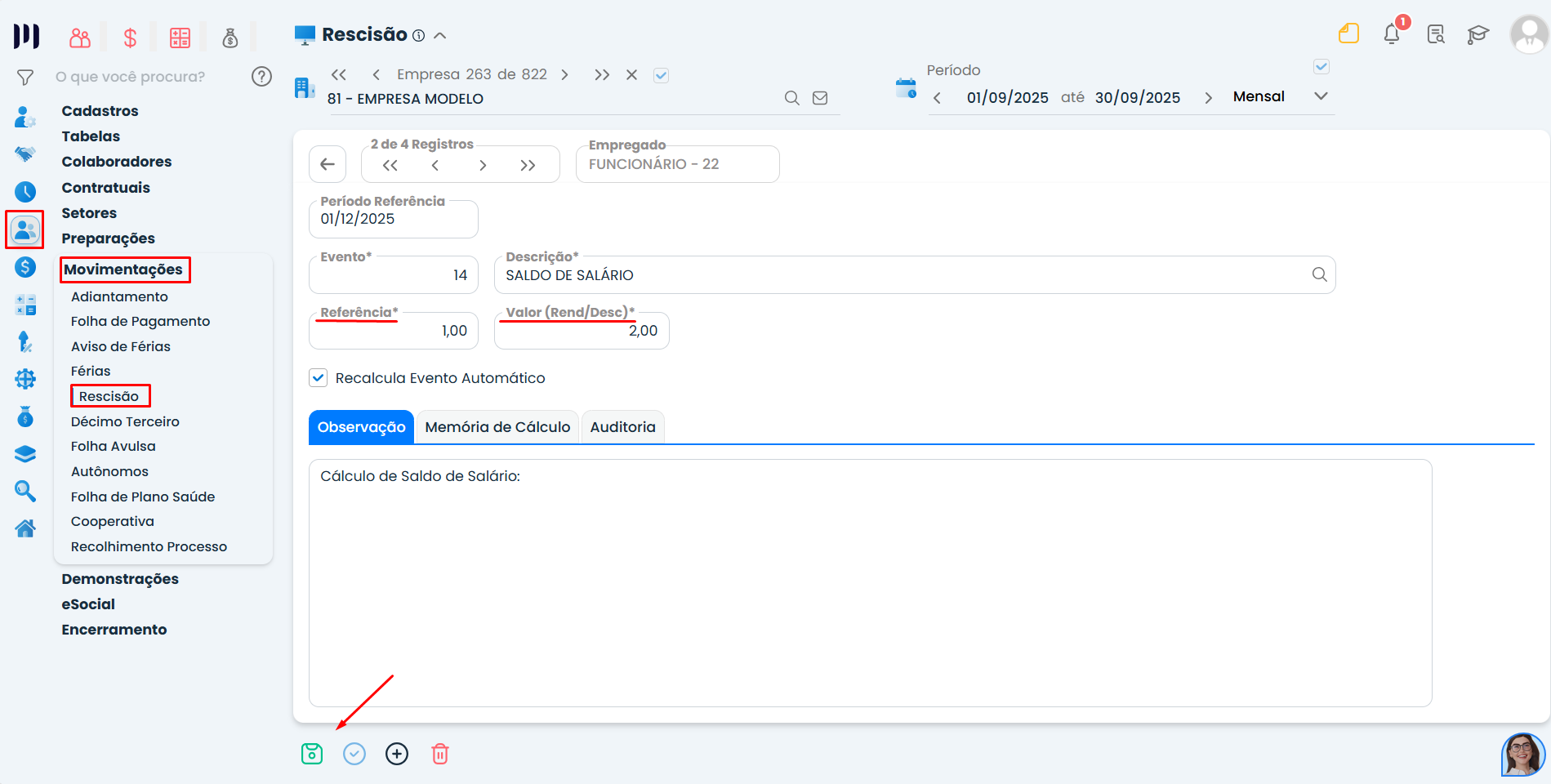Tela do Sistema Contábil Makro com edição de valores de eventos na Geração de rescisão complementar com campo de cálculo manual ativo