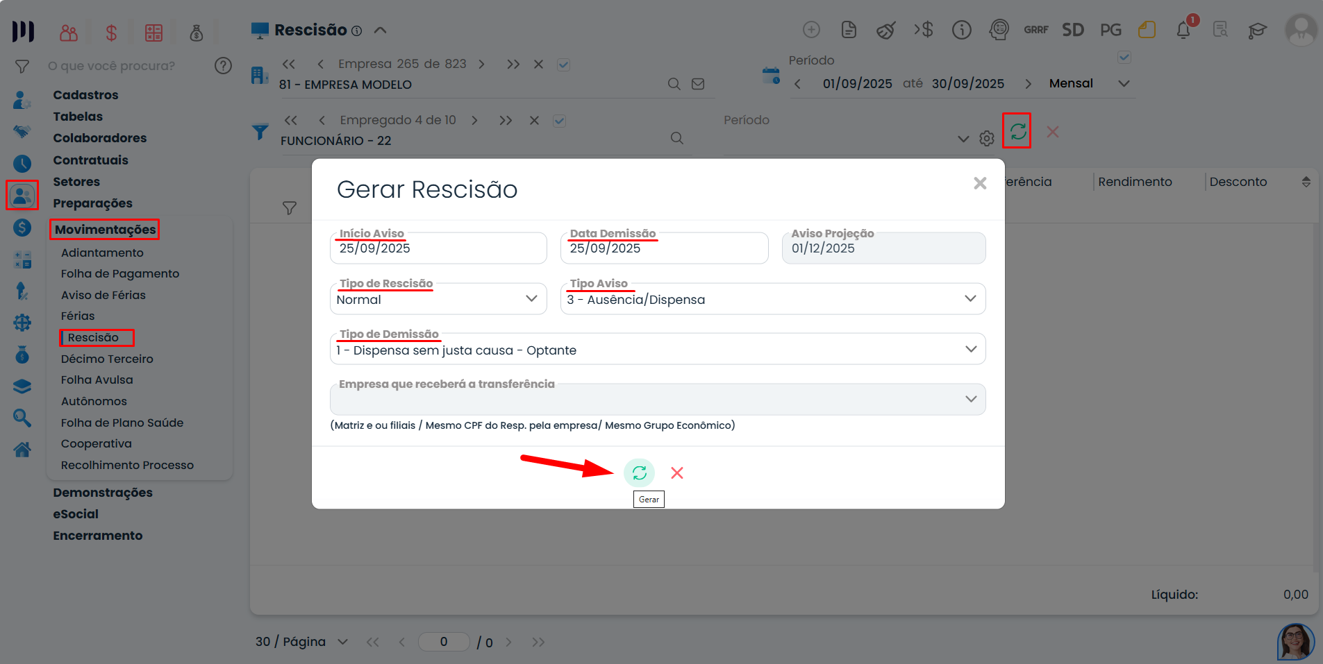 Gerando Rescisão no sistema contabil