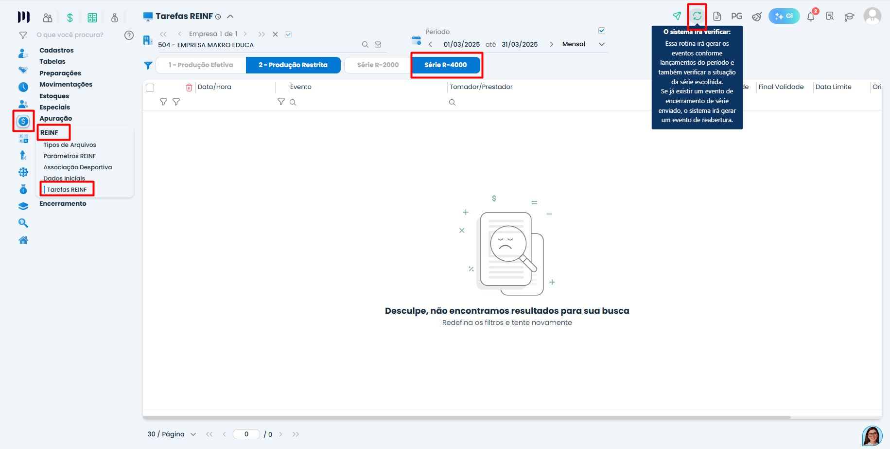 Tela de tarefas REINF no Sistema Contábil Makro com seleção da série R-4000 destacando o processo de geração do IRRF para envio dos eventos fiscais