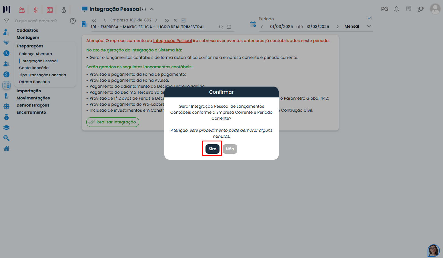 Janela de confirmação no Sistema Contábil Makro para gerar integração de Rendimentos e Descontos da folha de Pagamento com botão sim destacado.