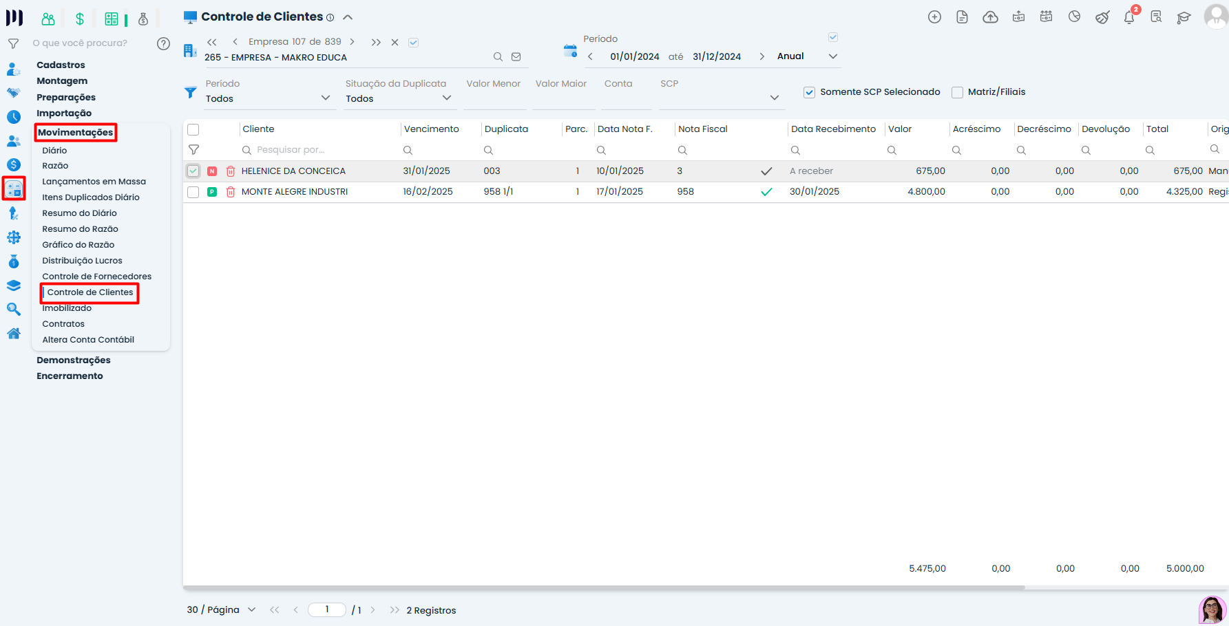 Interface do Sistema Contábil Makro no módulo Controle de Clientes exibindo duplicatas e dados de Recebimento do Controle de Clientes para conferência.