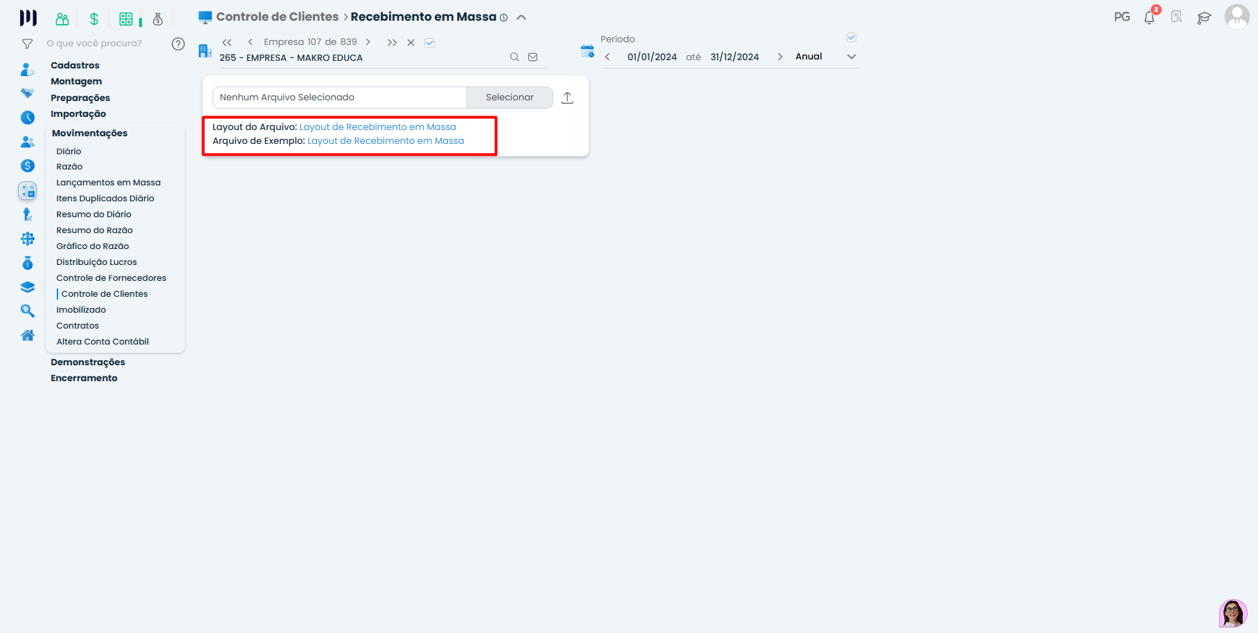 Área de importação do Sistema Contábil Makro mostrando seleção de layout TXT para Recebimento do Controle de Clientes e automação da baixa de duplicatas.