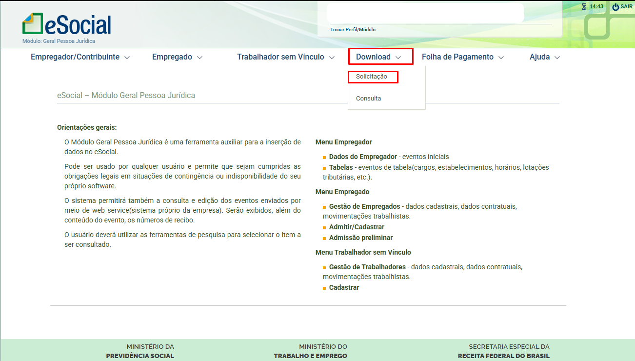 Tela do eSocial no módulo geral de pessoa jurídica. Em destaque o menu de Download, solicitação.