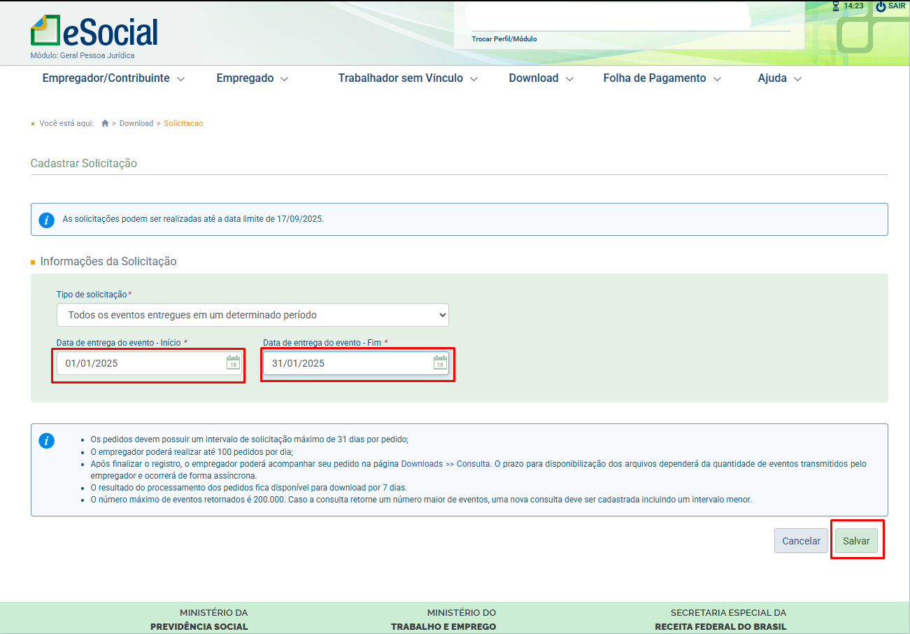 Tela do eSocial no módulo geral de pessoa jurídica. Em destaque a data entregue do evento.