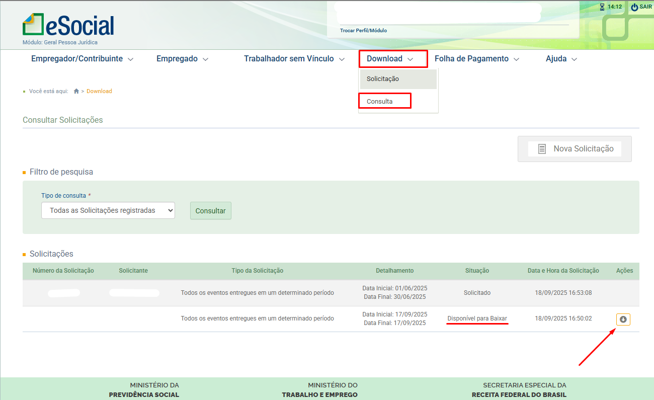 Tela do eSocial no módulo geral de pessoa jurídica. Em destaque o menu de Download, consulta.