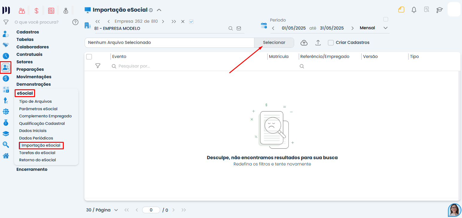 Tela do sistema contábil makro na importação do eSocial.