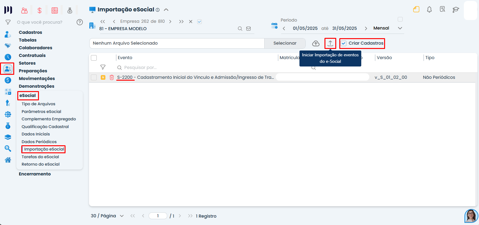 Tela do sistema contábil makro na importação do e-Social, criando os cadastros e carregando os arquivos.