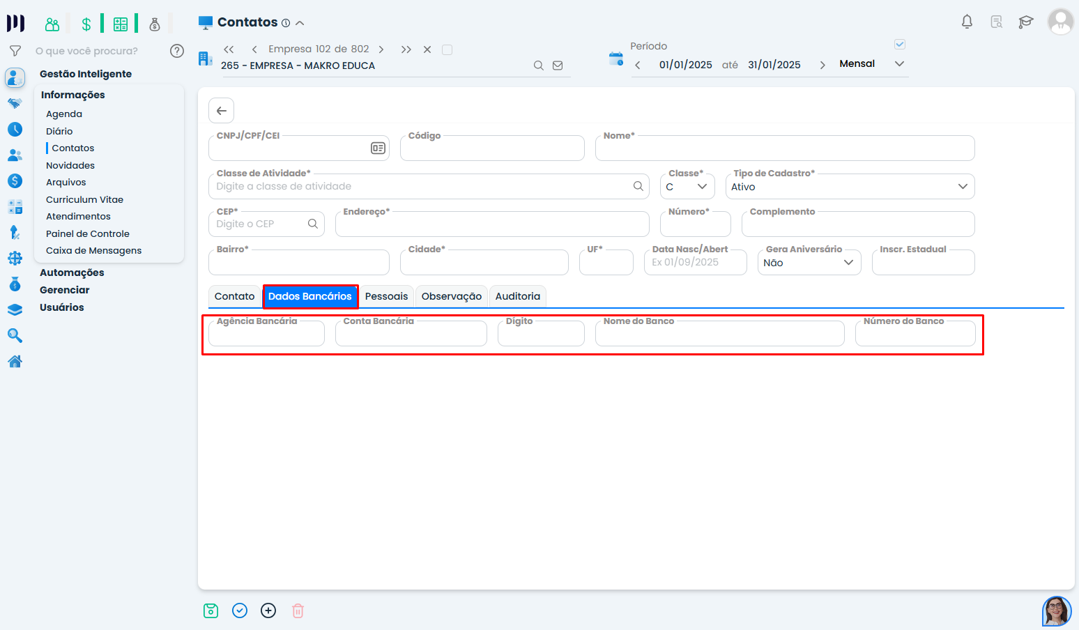 Aba dados bancários no Sistema Contábil Makro com campos agência, conta, dígito e código do banco para configuração e uso do Arquivo FEBRABAN.