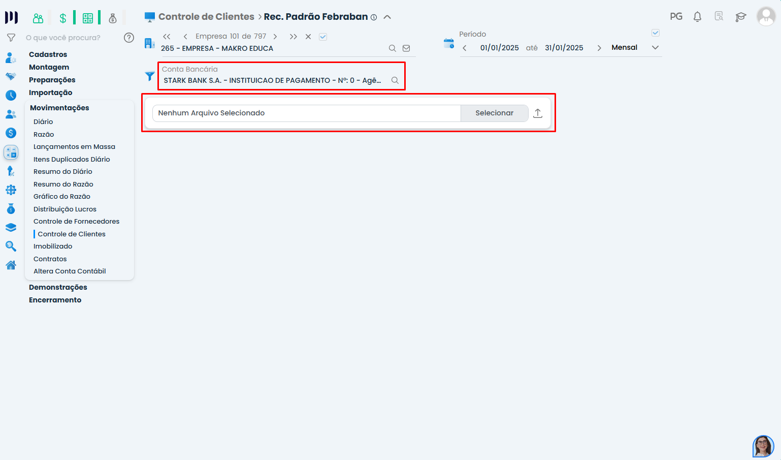 Tela de importação no Sistema Contábil Makro com seleção de conta bancária e upload de arquivo para processar Arquivo FEBRABAN automaticamente.