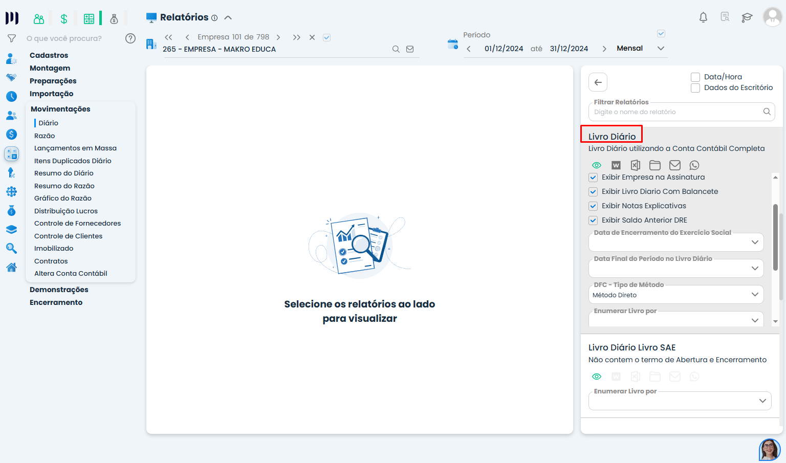Painel de relatórios do Sistema Contábil Makro com opção Livro Diário selecionada e configurações de exibição para geração e impressão do Livro Diário.