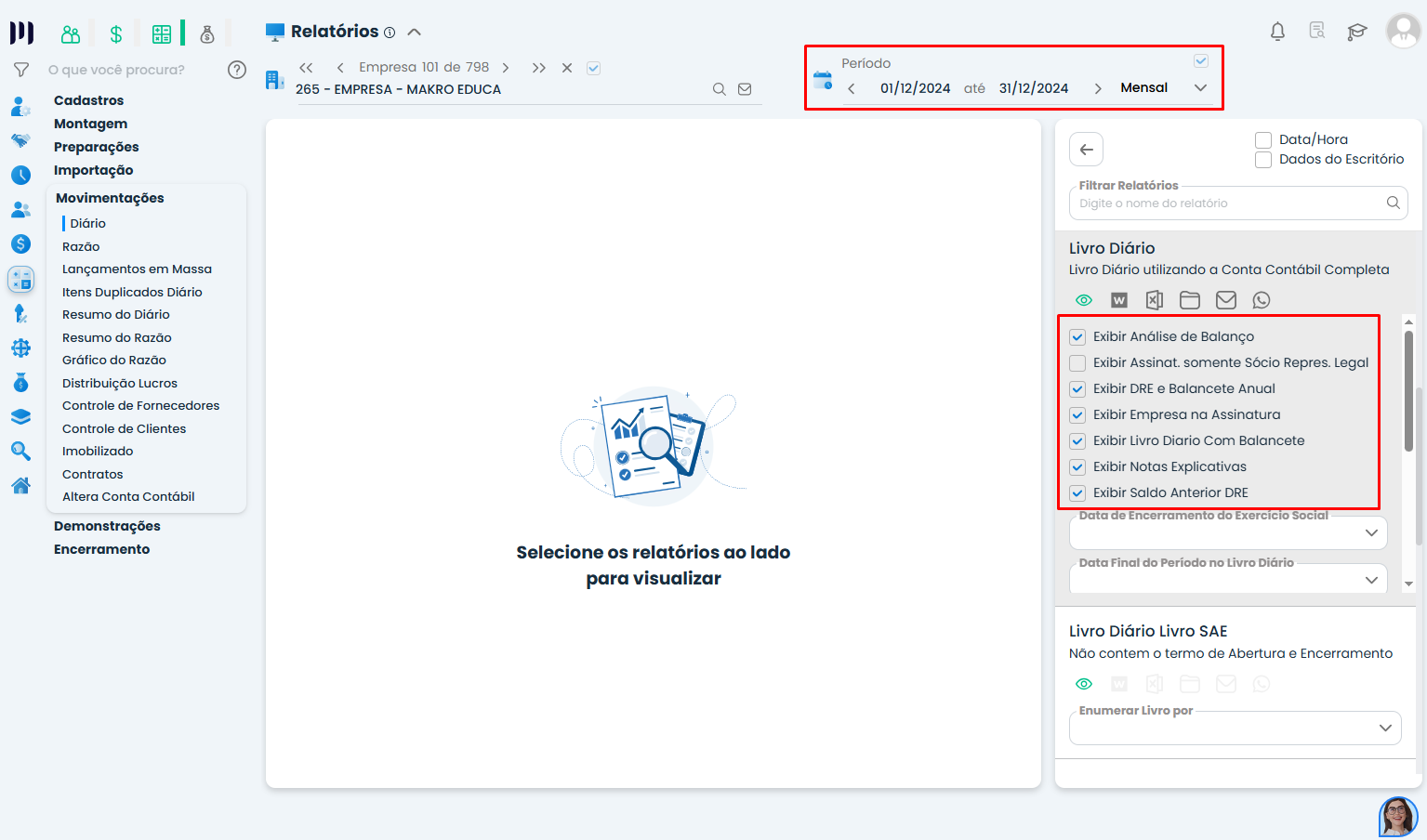 Configuração de período e opções do Livro Diário no Sistema Contábil Makro com filtros marcados para exibição completa do relatório do Livro Diário.