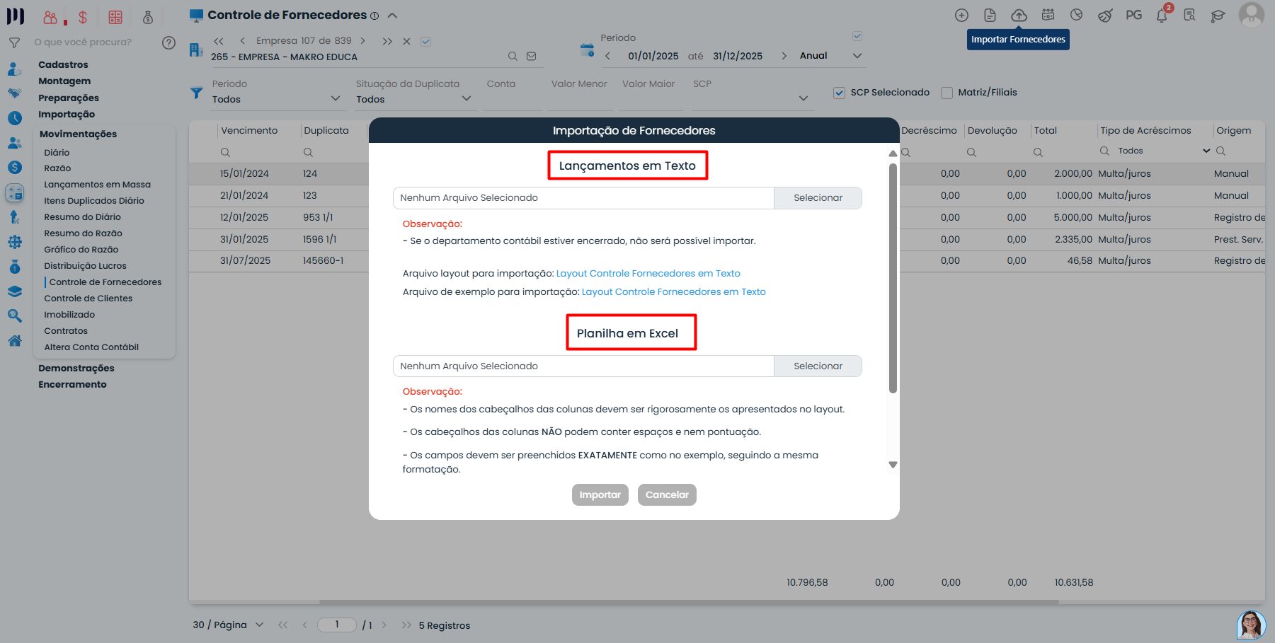 Janela de importação no Sistema Contábil Makro com opções de arquivo texto e planilha Excel para inserir saldo de fornecedores automaticamente.