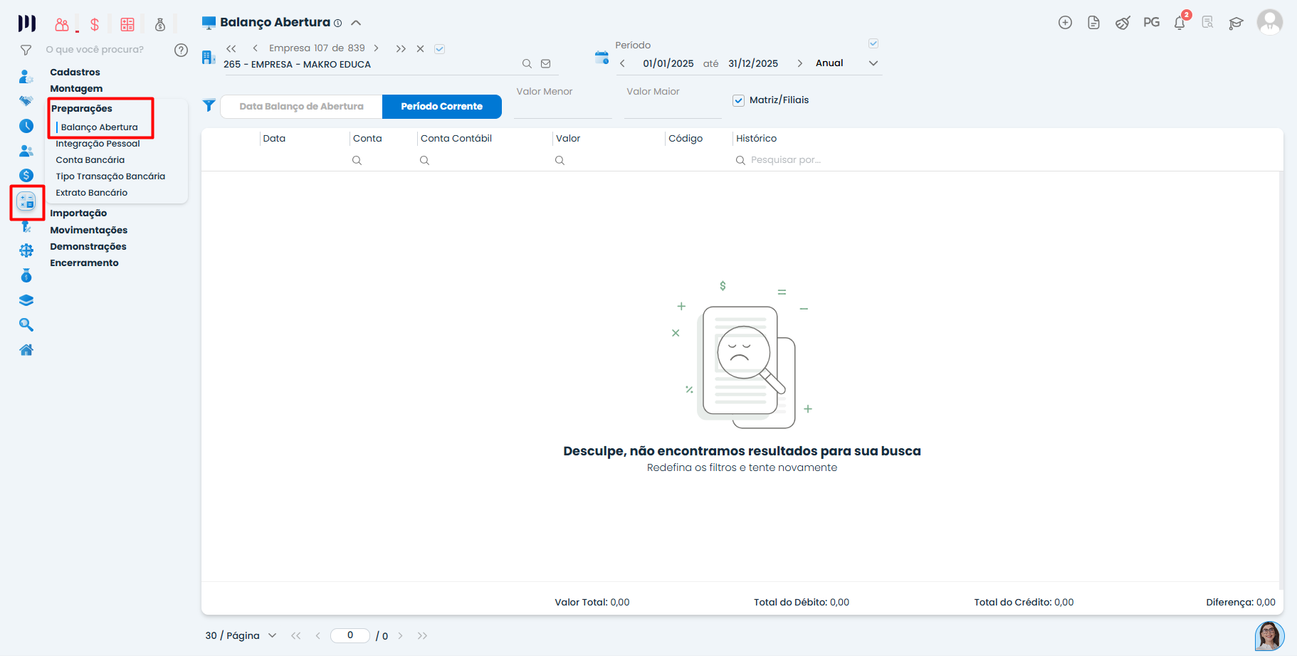 Tela de balanço de abertura no Sistema Contábil Makro para conferência do saldo de fornecedores após lançamentos e importações realizadas.