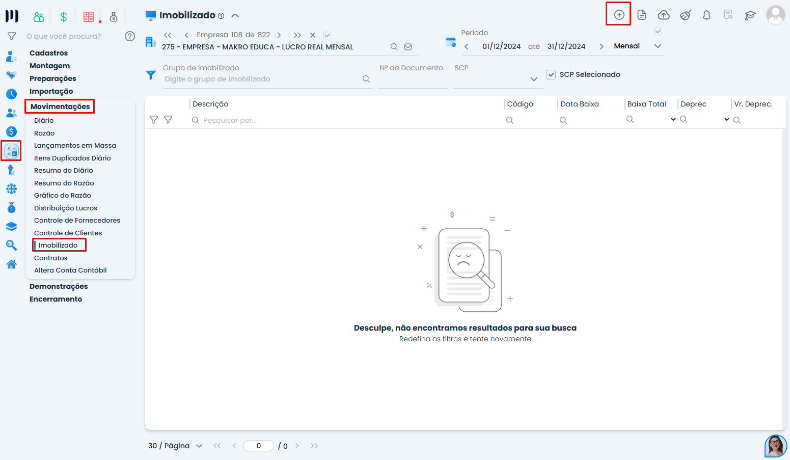 Tela inicial do módulo de saldo de imobilizados no Sistema Contábil Makro exibindo menu Movimentações e opção Imobilizado sem registros cadastrados