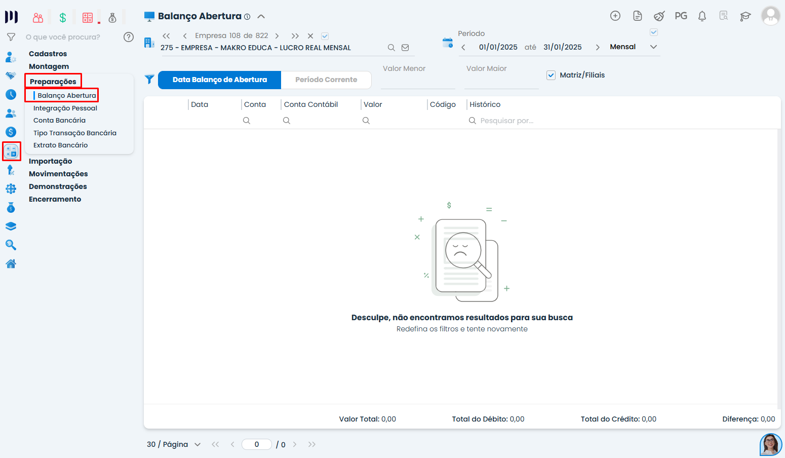 Tela de conferência do saldo de imobilizados no Balanço de Abertura do Sistema Contábil Makro com filtros de período e ausência de registros exibidos