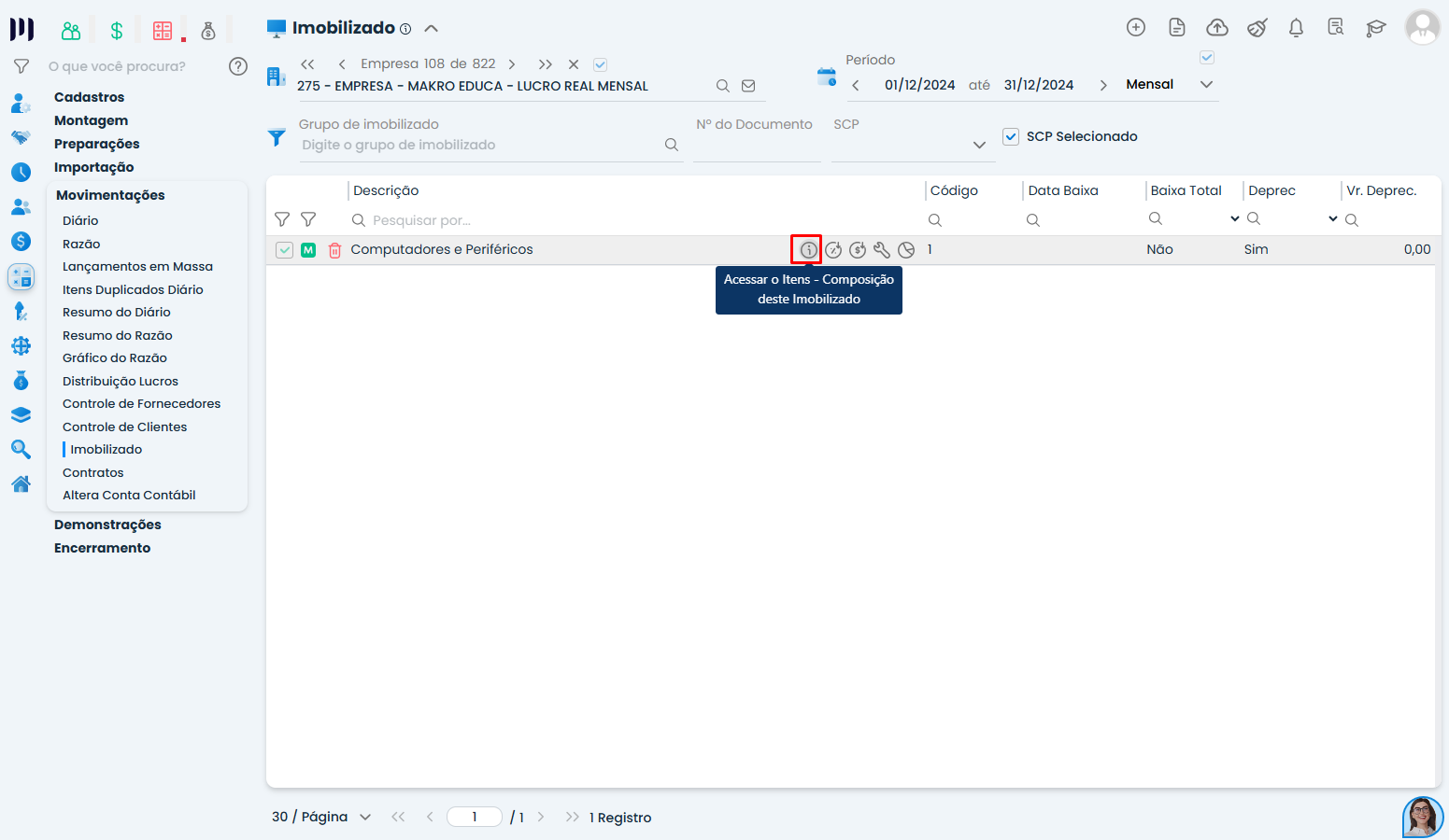 Lista de grupos cadastrados para saldo de imobilizados no Sistema Contábil Makro com opção de acessar itens de composição do imobilizado