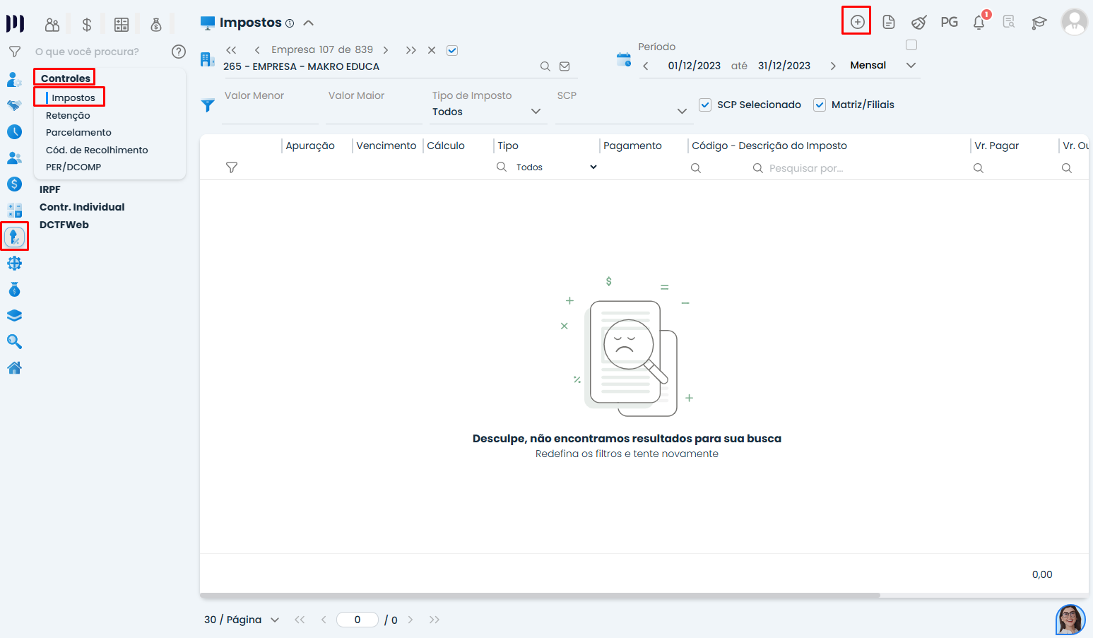 Tela do Sistema Contábil Makro na aba impostos com menu controles destacado para inclusão e gestão de saldo de impostos vinculados ao balanço de abertura.
