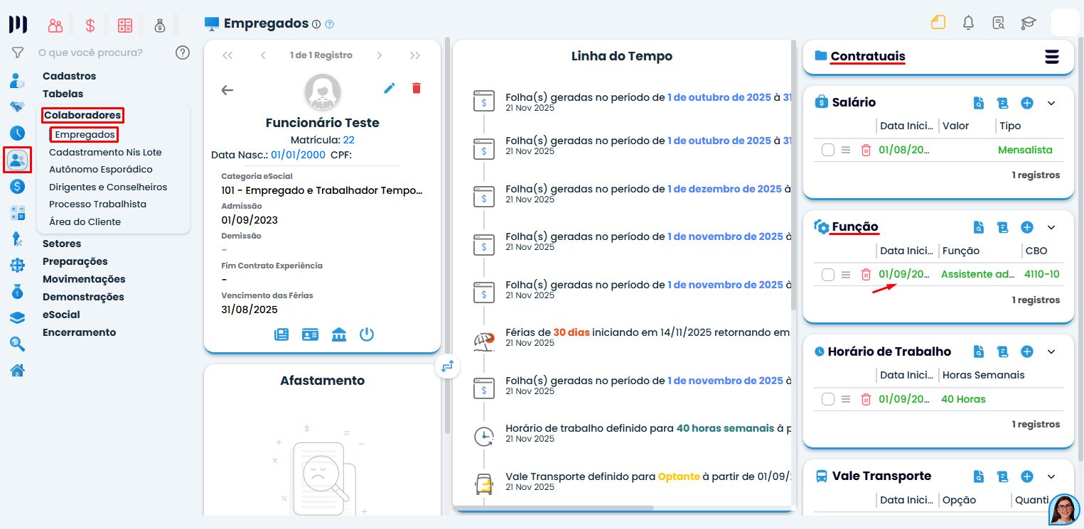 Tela do Sistema Contábil Makro na aba colaboradores destacando acesso ao cadastro de empregados para configuração de cargos públicos no sistema