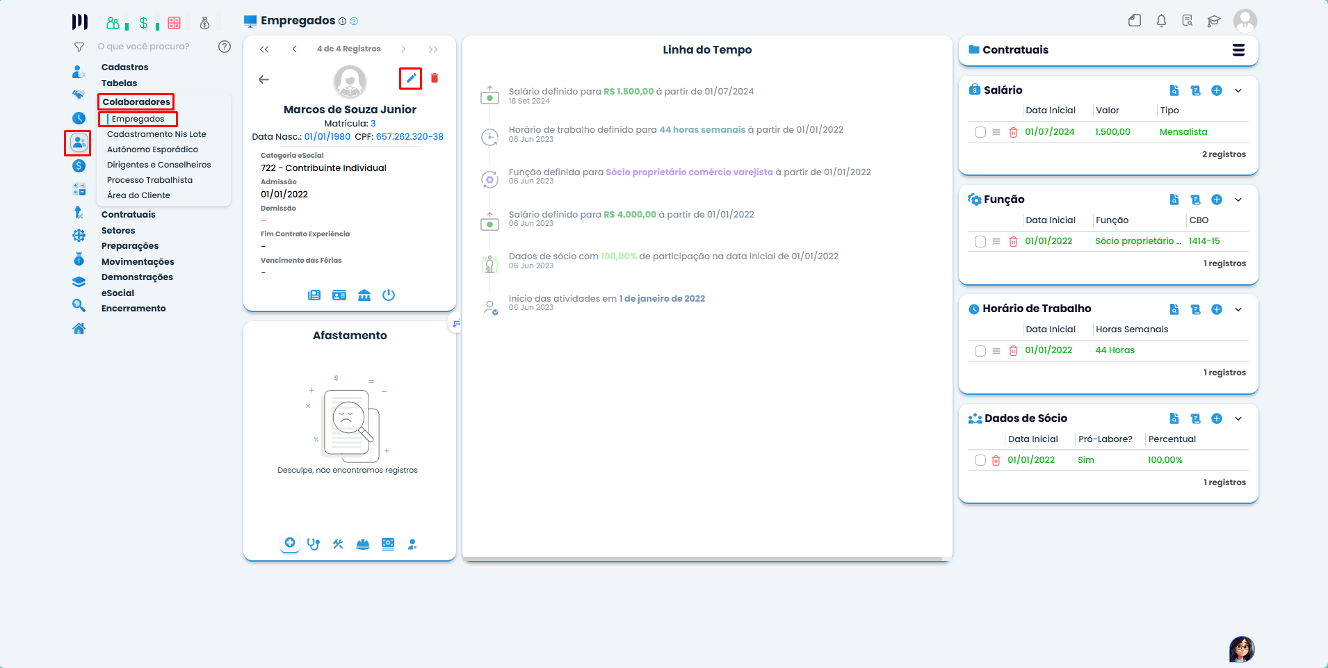 Tela do Sistema Contábil Makro na seção Empregados com menu lateral destacado para acesso ao cadastro de sócios e configuração para assinar demonstrações Contábeis