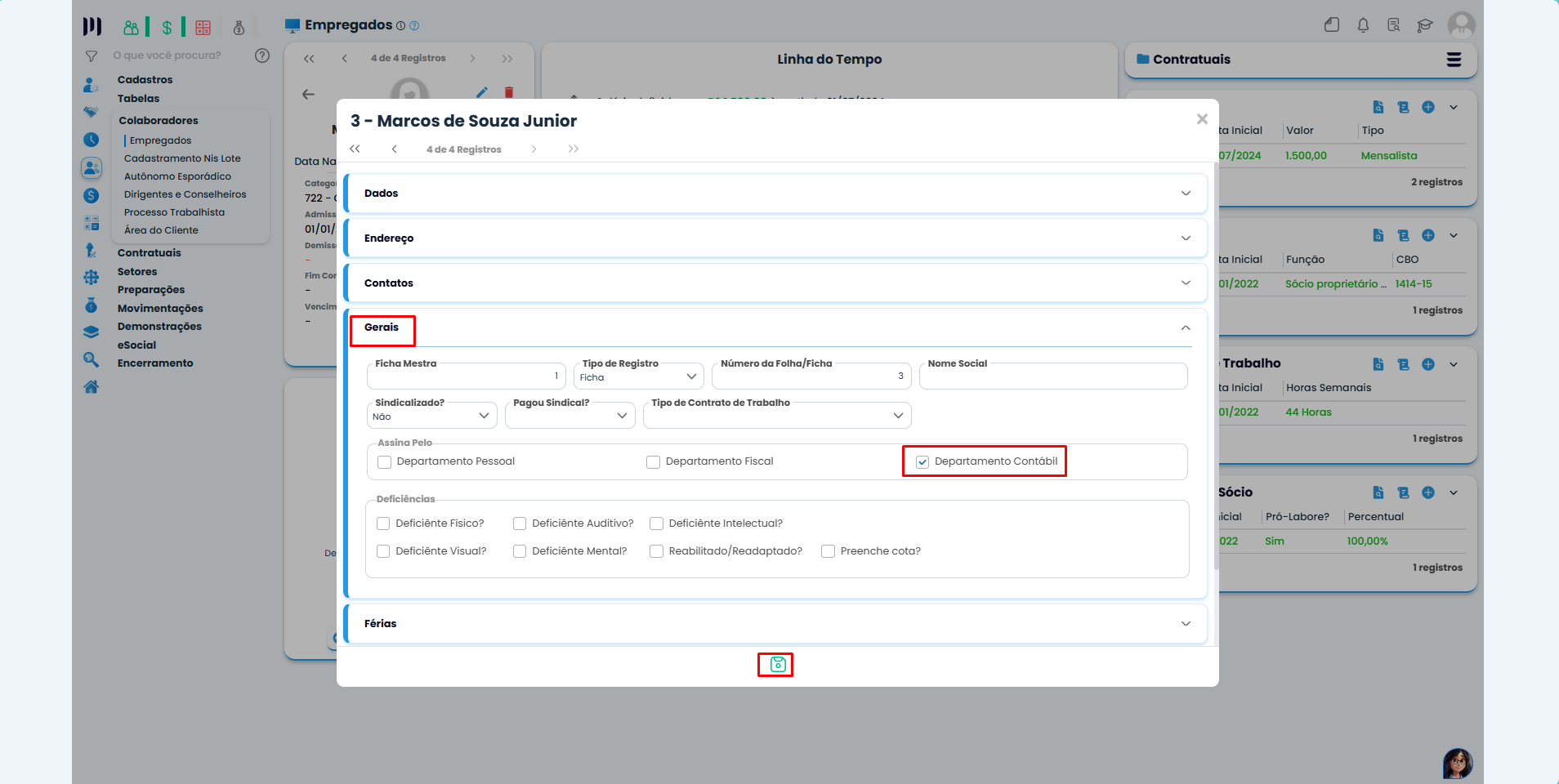 Tela de edição no Sistema Contábil Makro com aba Gerais aberta e opção Departamento Contábil marcada para permitir assinar demonstrações Contábeis por sócios