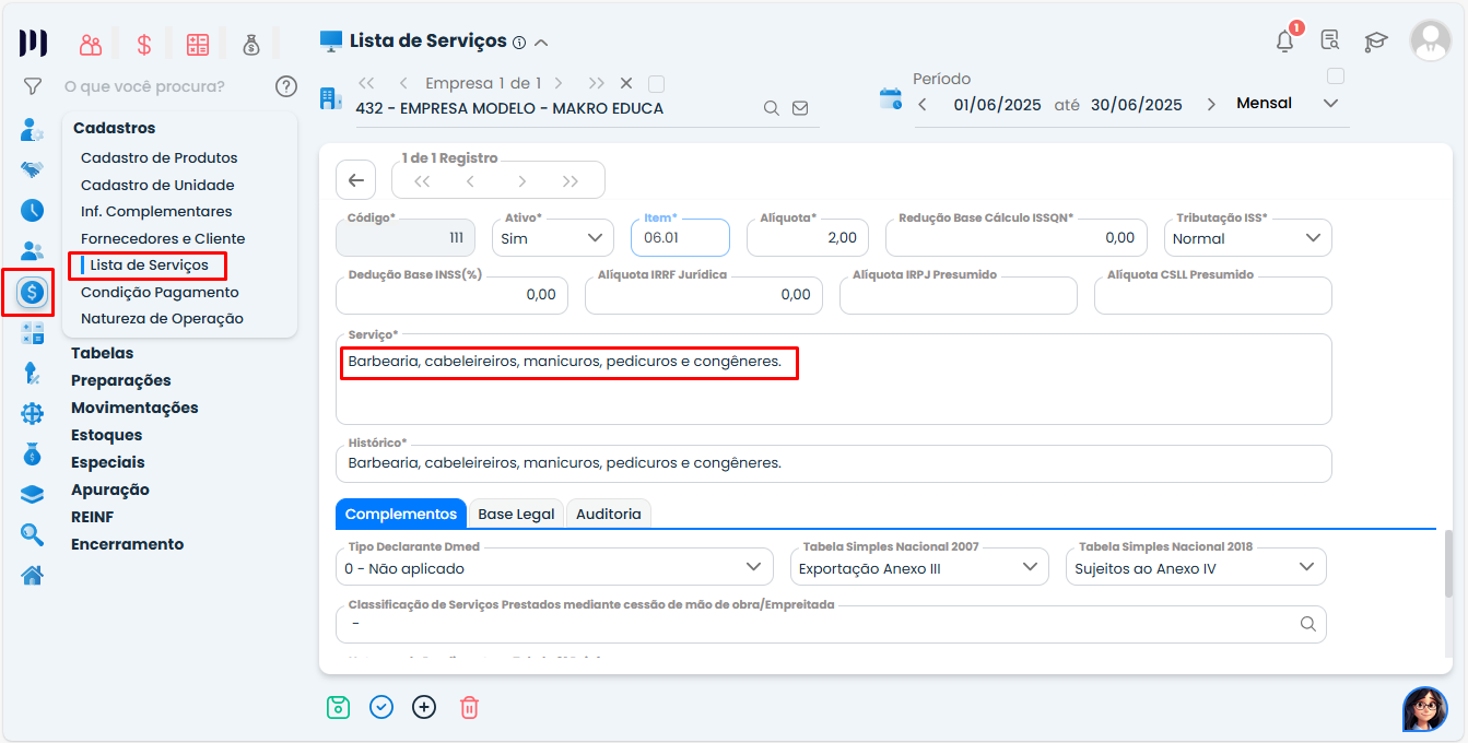 Tela do Sistema Contábil Makro na lista de serviços com destaque para atividade de salão de beleza usada em deduções de ISS no cadastro fiscal