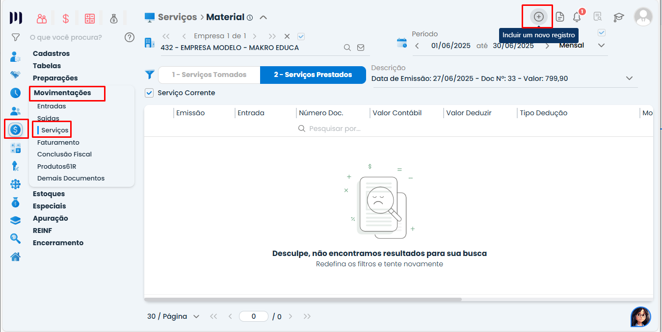 Tela de material de serviços no Sistema Contábil Makro com opção de incluir novo registro para lançamento de deduções de ISS destacada