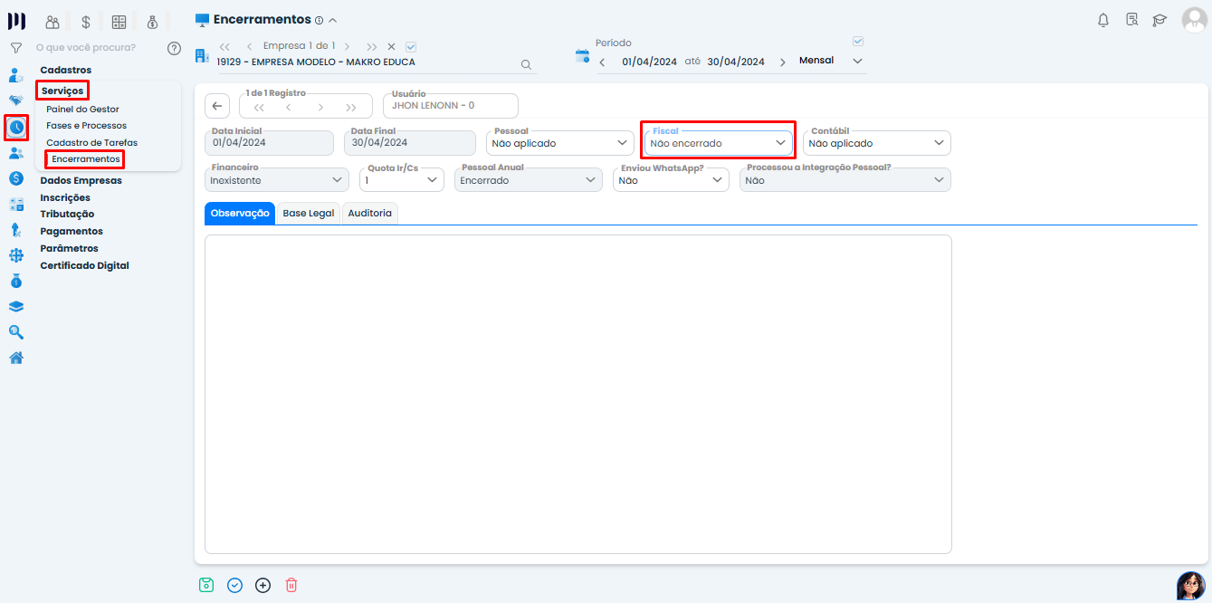 Tela de encerramentos no Sistema Contábil Makro com opção fiscal não encerrado selecionada para configurar período anterior e controle do Saldo de ICMS.