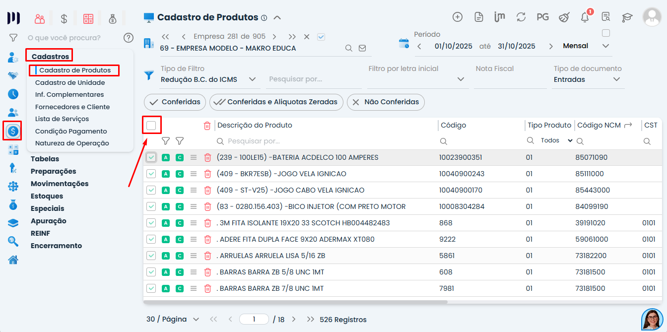 Tela de cadastro de produtos no Sistema Contábil Makro com menu destacado e seleção de itens para integração IMendes com a Makro.