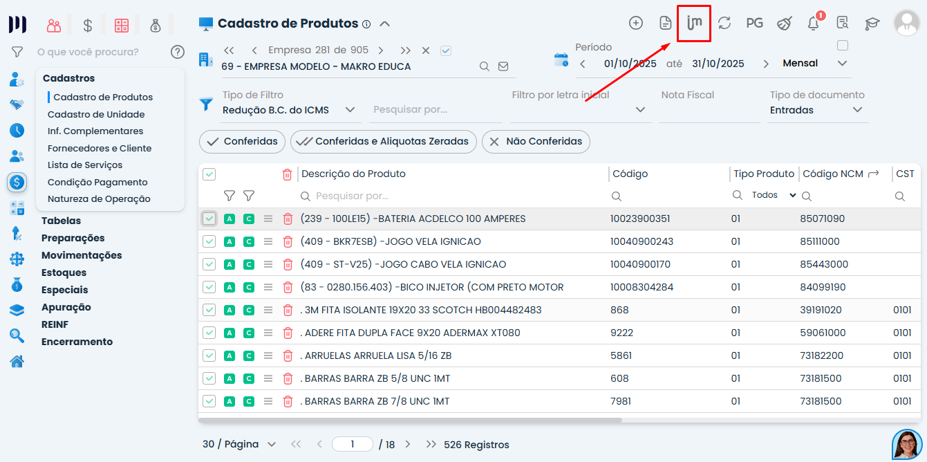Interface do Sistema Contábil Makro exibindo botão da integração IMendes com a Makro na tela de cadastro de produtos para sincronização fiscal.