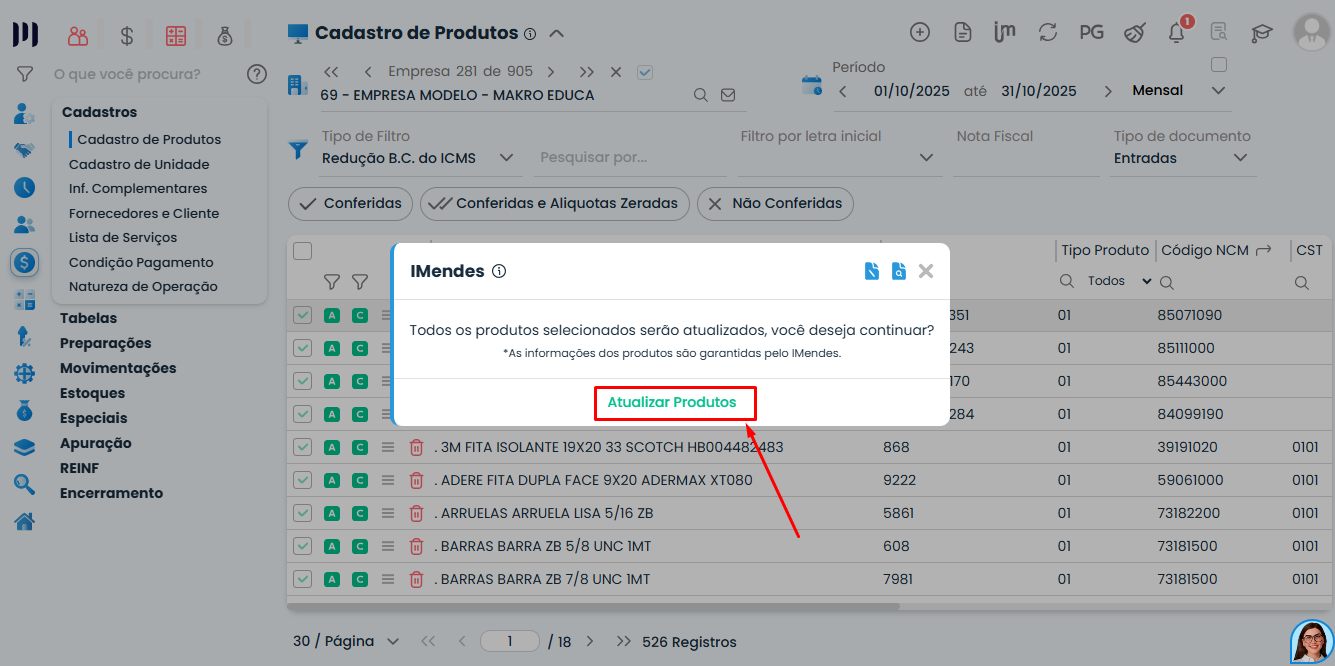 Janela de confirmação no Sistema Contábil Makro para atualizar produtos via integração IMendes com a Makro com botão atualizar produtos em destaque.