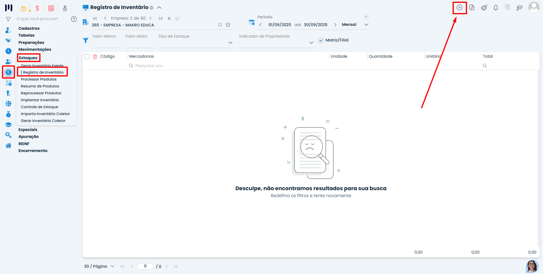Tela de Registro de Inventário no Sistema Contábil Makro sem dados exibidos, destacando acesso ao menu de estoque para cálculo do Custo da Mercadoria Vendida