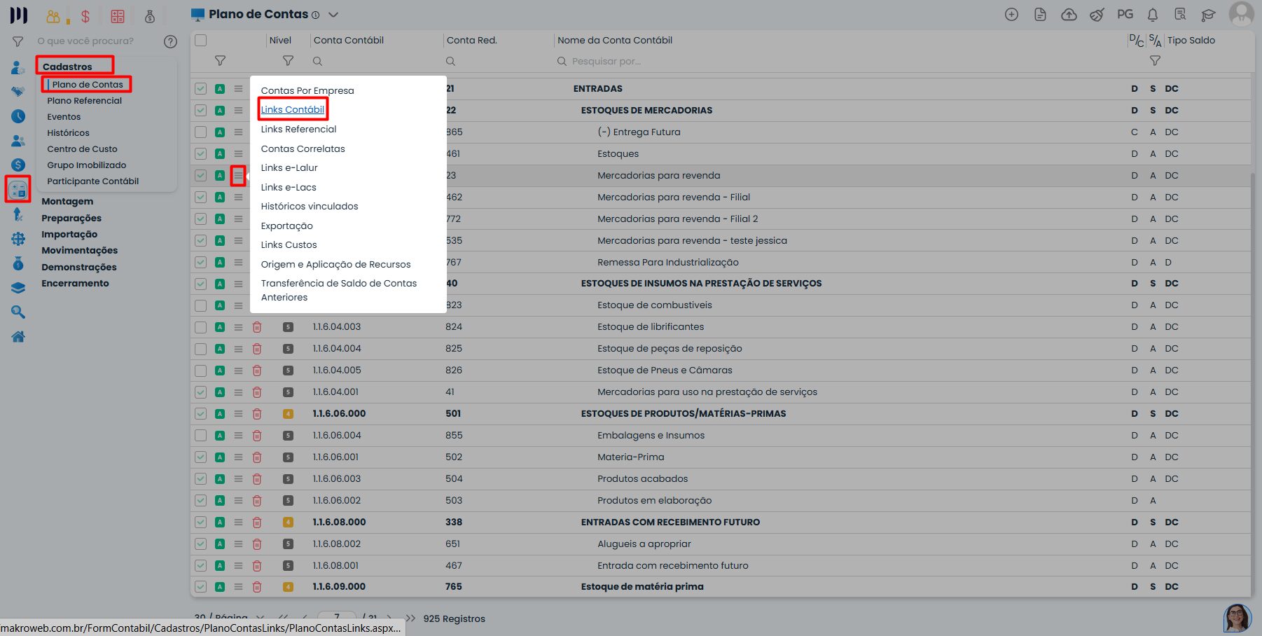 Menu plano de contas no Sistema Contábil Makro com acesso a links contábeis para configuração do Custo da Mercadoria Vendida