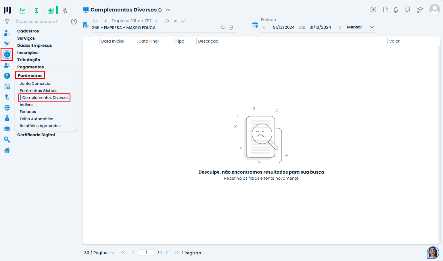 Tela do Sistema Contábil Makro em Complementos Diversos sem registros exibidos, indicando ausência de configuração do ícone Gerar ECD no encerramento