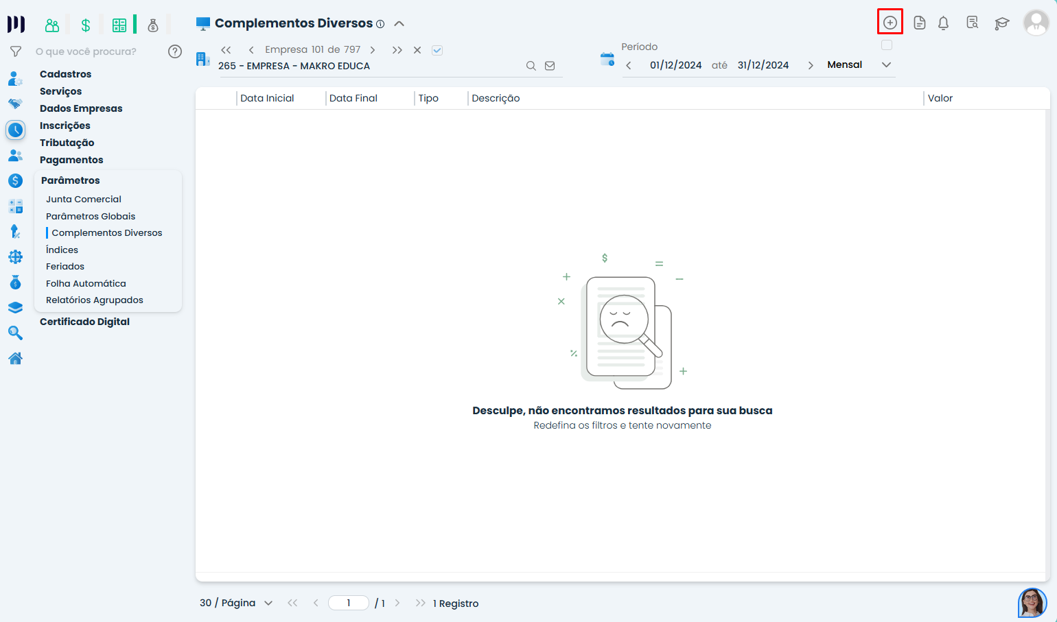 Interface do Sistema Contábil Makro mostrando botão incluir em Complementos Diversos para ativar o ícone Gerar ECD no encerramento