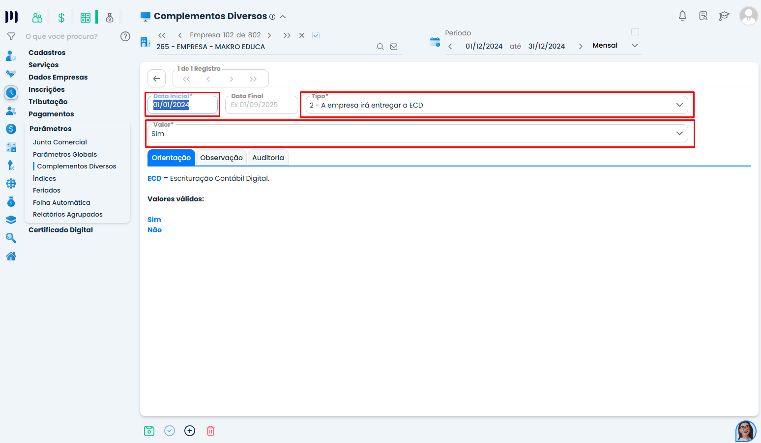 Configuração no Sistema Contábil Makro com tipo ECD selecionado e opção sim ativa para habilitar ícone Gerar ECD no encerramento