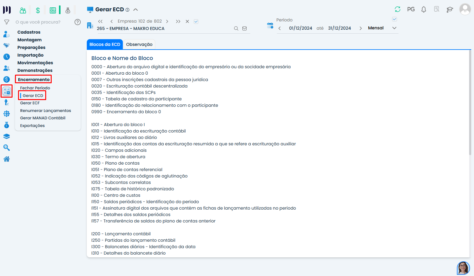 Menu Encerramento do Sistema Contábil Makro exibindo opção Gerar ECD ativa após configuração correta do ícone Gerar ECD no encerramento