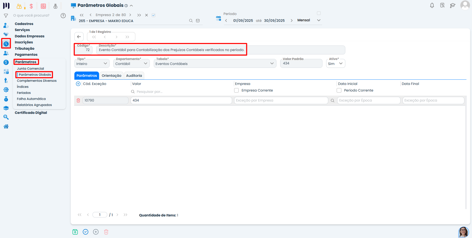 Tela de Parâmetros Globais no Sistema Contábil Makro destacando o Parâmetro Global 72 com evento contábil configurado para contabilização