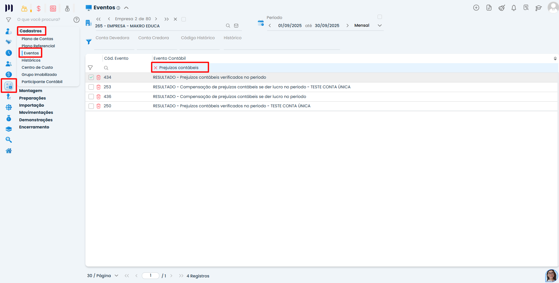 Lista de eventos contábeis no Sistema Contábil Makro com destaque para prejuízos contábeis vinculados ao Parâmetro Global 72 no sistema