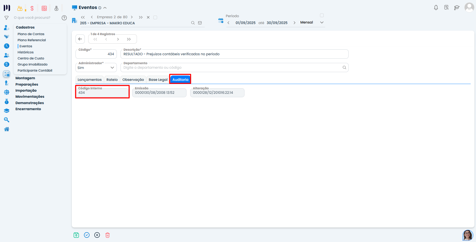 Tela de cadastro de evento contábil no Sistema Contábil Makro com aba auditoria exibindo código interno necessário ao Parâmetro Global 72