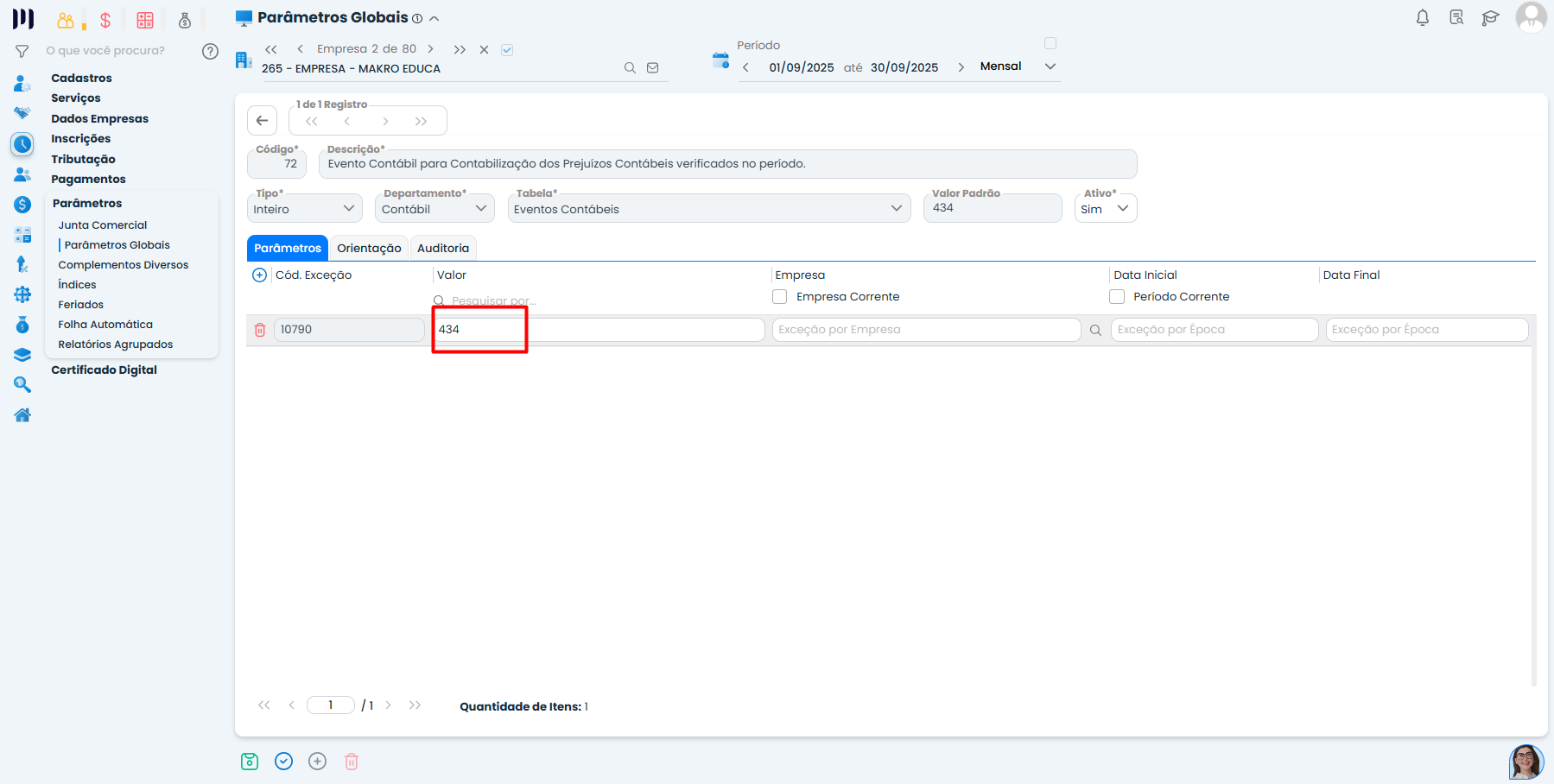 Atualização do valor no Parâmetro Global 72 no Sistema Contábil Makro com código interno do evento contábil inserido corretamente no campo valor