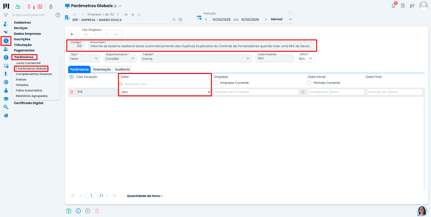 Tela de parâmetros globais do Sistema Contábil Makro com destaque para configuração de Nota de Devolução de Compra e baixa automática de duplicatas.