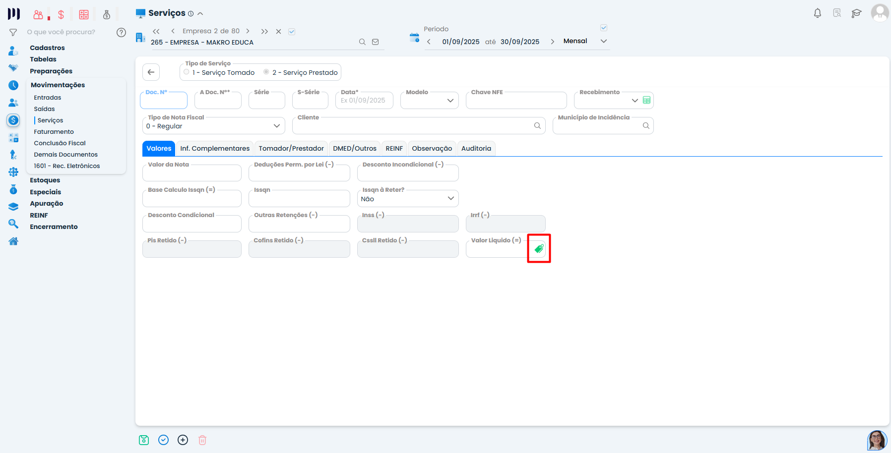 Interface do Sistema Contábil Makro com destaque no valor líquido e confirmação de dados para contabilização de notas fiscais de serviços corretamente
