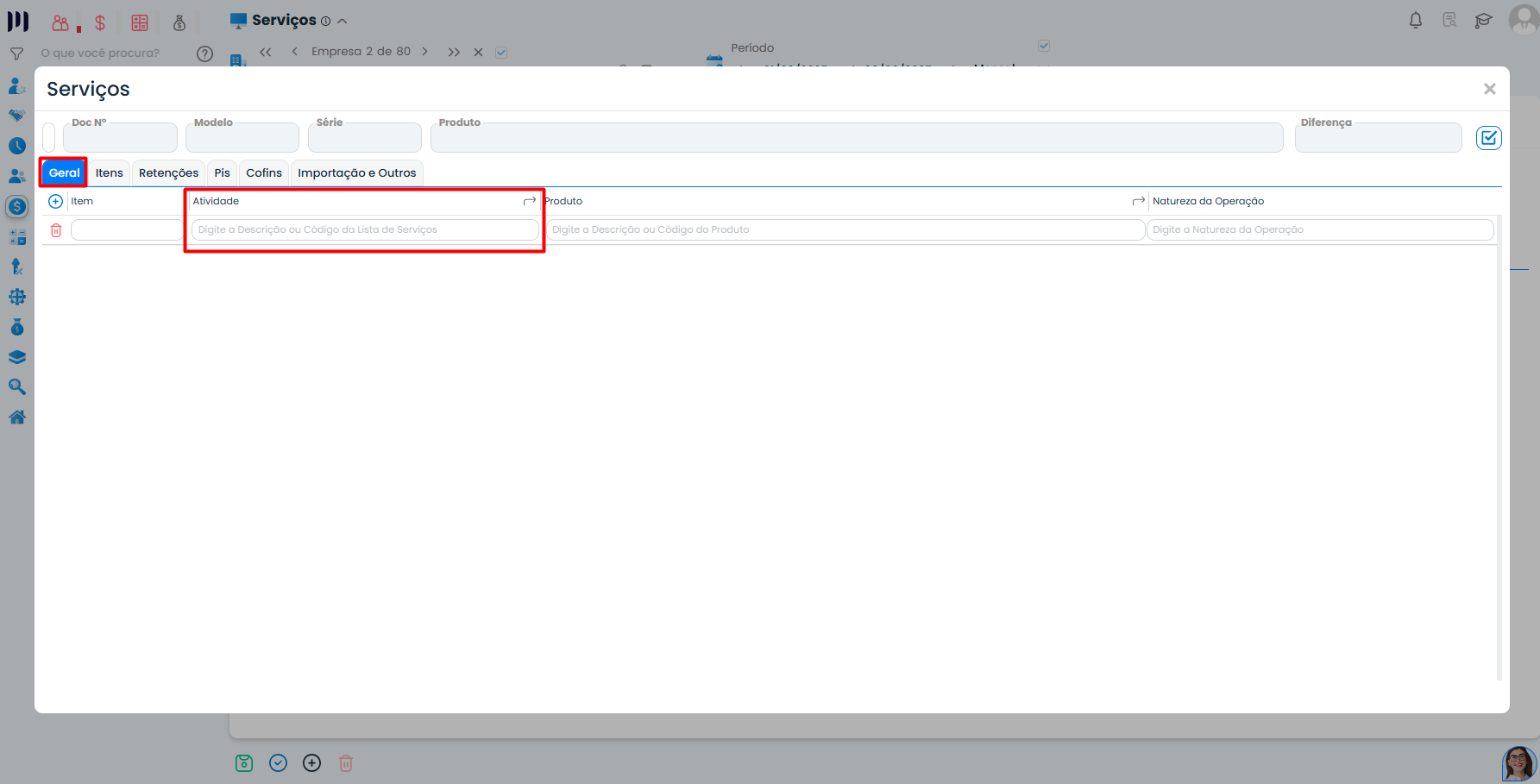 Tela do Sistema Contábil Makro na aba geral exibindo campo de atividade necessário para contabilização de notas fiscais de serviços corretamente