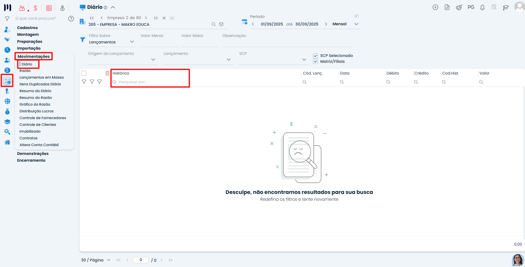 Tela do Sistema Contábil Makro no diário contábil com campo histórico para busca da contabilização de notas fiscais de serviços lançadas