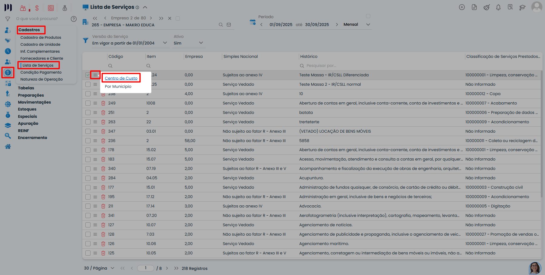 Tela do Sistema Contábil Makro em lista de serviços com opção de centro de custo para configuração da contabilização de notas fiscais de serviços