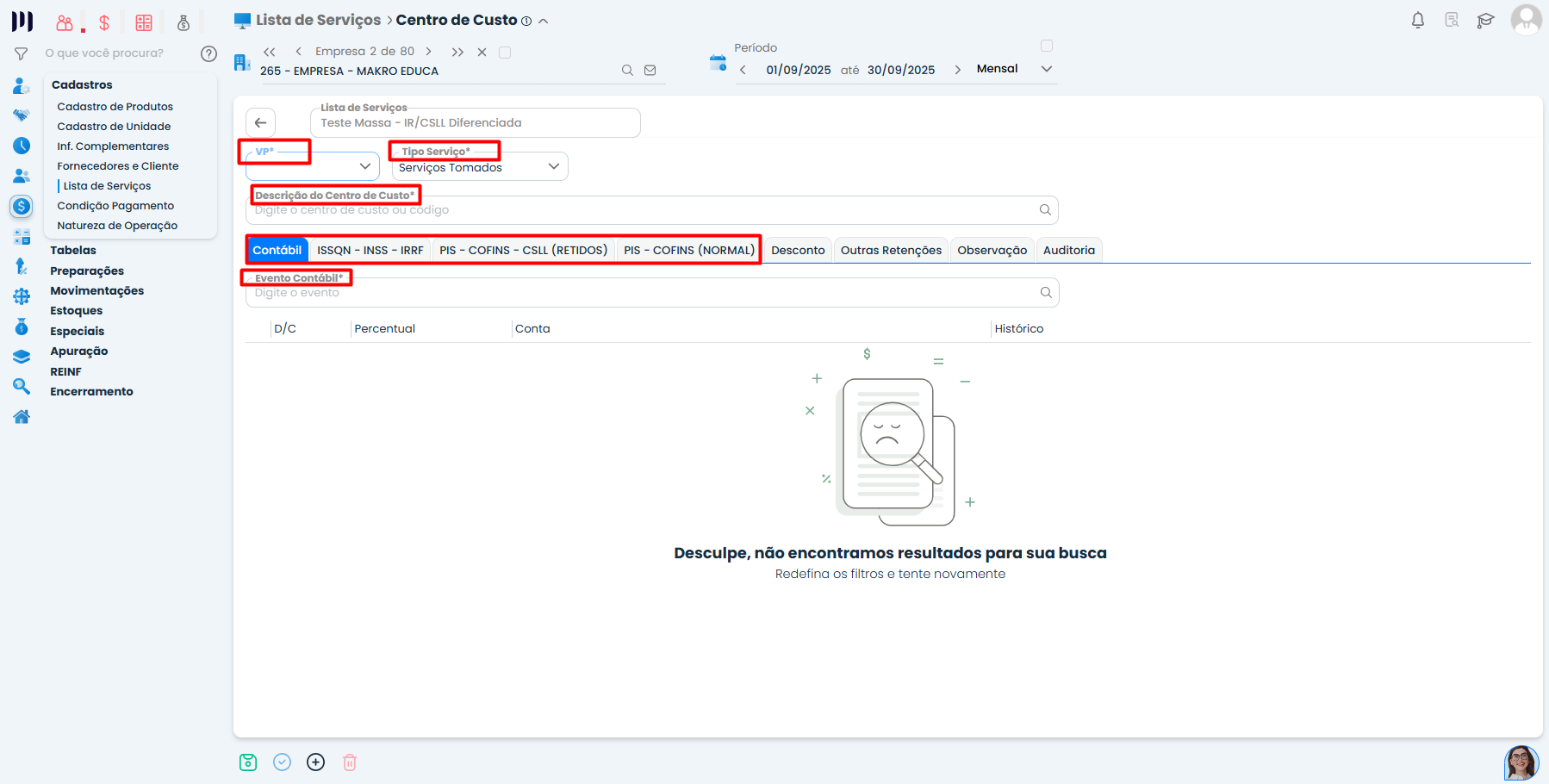 Sistema Contábil Makro configurando centro de custo com tipo de serviço e evento contábil para contabilização de notas fiscais de serviços
